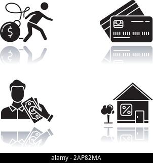 Credit Drop Shadow Black Glyph Icons Set. Bankrupcy Gefahr durch Kredit. Plastikkreditkarte. Kreditaufnahme, Geldleihe. Eigenmittelkredite. Wirtschaftlichkeit, Busin Stock Vektor