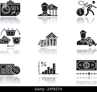 Credit Drop Shadow Black Glyph Icons Set. APR-Rechner. Infografik zur finanziellen Steigerung. Eigenmittelkredit. Handel, Einzelhandel. Revolvierende Kredite. Schwer Stock Vektor