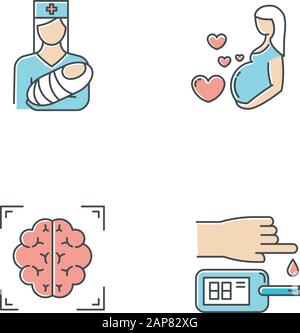 Farbsymbole für medizinische Verfahren festgelegt. Pädiatrie und Schwangerschaftsversorgung. Gehirnmessung. Bluttest. Medizinische Hilfe. Mutterschaft, Elternschaft. Krankenschwester mit Baby. Ne Stock Vektor