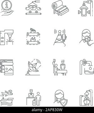 Lineare Symbole für Industrietypen festgelegt. Medien, Rundfunk. Schiffbau. Veröffentlichung. Gesundheitswesen. Gastgewerbe. Kontursymbole mit dünnen Linien. Isoliert Stock Vektor