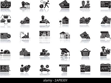 Credit Drop Shadow Black Glyph Icons Set. Studentendarlehen. Kreditaufnahme aus dem Ruhestand. Kreditwürdigkeit. Hohe Kreditkartenschulden. Einzelhandel, Konsumerismus. APR Stock Vektor