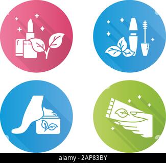 Organische Kosmetik flaches Design lange Schatten Glyphe Ikonen Set. Lippenstift. Mascara-Röhrchen. Fußcreme, Lotion. Öko-Makeup-Produkte, Kosmetikprodukte. Paraben frei Stock Vektor