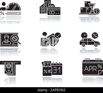 Credit Drop Shadow Black Glyph Icons Set. Darlehen für kleine Unternehmen. Jährlicher Prozentsatz. KFZ-Finanzierung. Investitionsdiagramm. Barvorschuss. Kreditwürdigkeit Stock Vektor
