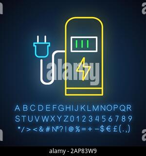 Symbol für Neonlicht der Auto-Ladestation. Elektrische Kraftstoffpumpe für den öffentlichen Gebrauch. EV-Nachhagungspunkt. Intelligente Energie. Leuchtende Zeichen mit Alphabet, Zahlen und Stock Vektor