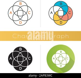 Symbol für Venn-Diagramm. Rundes Diagramm mit kreisförmigen Segmenten. Überlappende Kreise. Verflochtener Graph. Marketingpräsentation. Geschäft. Flaches Design, linear A Stock Vektor