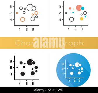 Symbol für Blasendiagramm. Streudiagramm. Präsentation zur Informationsintegration. Geschäftsbericht, Finanzforschung. Marketinganalyse. Flaches Design, linear A Stock Vektor