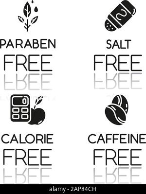 Produktfreie Zutat Schlagschatten schwarze Glyphe Symbole gesetzt. Kein Paraben, Salz, Kalorie, Koffein. Organische gesunde Lebensmittel. Kalorienarme Mahlzeiten. Diätetisch mit Stock Vektor