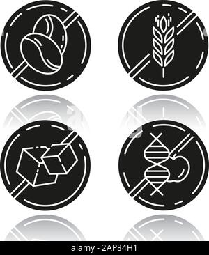Produktfreie Zutat Schlagschatten schwarze Glyphe Symbole gesetzt. Kein Koffein, Gluten, Zucker, gmo. Organische Lebensmittel, gesunde Ernährung. Diätetisch ohne Allergene. B. Stock Vektor