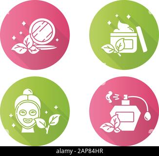 Organische Kosmetik flaches Design lange Schatten Glyphe Ikonen Set. Gesichtscreme. Gepresstes Schminkpulver. Gesichtsmaske. Parfüm, Franzance. Eco paraben Free beaut Stock Vektor