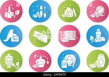 Organische Kosmetik flaches Design lange Schatten Glyphe Ikonen Set. Lippenstift. Mascara. Creme. Parfüm. Ökoprodukte. Haarpflege, Makeup Items. Visage Schönheitshilfe. Stock Vektor