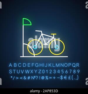 Symbol für Neonlicht für Fahrradparkplätze. Fahrradständer. Sportaktivität. Öko Transport. Stadtradfahren. Ausstattung der Apartments. Leuchtendes Zeichen mit Alphabet, Zahlen und s Stock Vektor