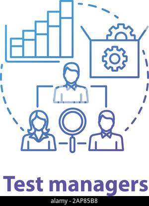 Konzeptsymbol für Testmanager. Thin Line Illustration der Idee zur Softwareentwicklung. App-Programmierung. Überprüfung der Systemfunktionalität. IT-Projektmanagementteam. Stock Vektor
