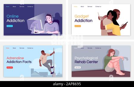 Suchttypen Zielseite Vektor-Vorlagen festgelegt. Psychologische Reha-Center-Website Schnittstelle Idee mit flachen Illustrationen. Gadget-Suchthomepag Stock Vektor