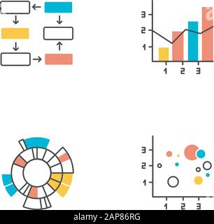 Symbole für Diagramm- und Diagrammfarbe festgelegt. Datenverbindung und Verdrahtung. Prozessschritte, Fortschrittsstufen. Gemischtes Diagramm. Radiales Diagramm für Sonneneinbruch. Streustrahlenblasenschar Stock Vektor