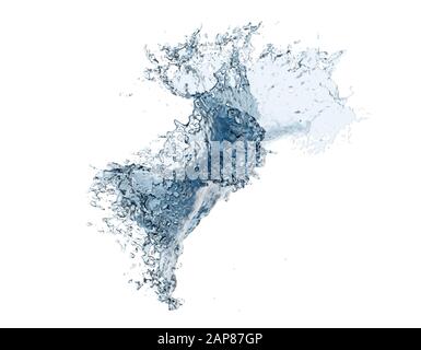 Blaues Wasser spritzt mitten in der Luft und sprüht auf weißem Hintergrund ab - 3D-Abbildung Stockfoto