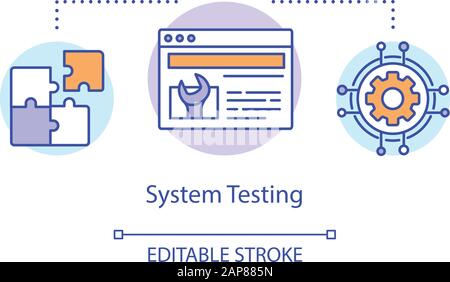 Symbol für Systemtestkonzept. Untersuchen Sie die Abbildung der Ideen-Thin-Line-Komponenten des Computers. Software-Testprozess. Zeigt Probleme und Probleme an. Vektor Stock Vektor