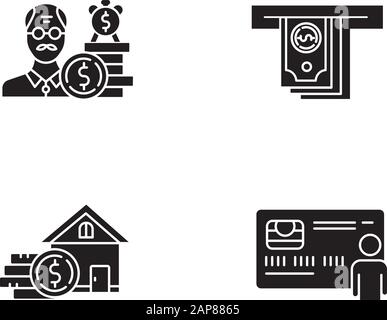 Credit Glyph Icons gesetzt. Kreditaufnahme aus Dem Ruhestand. Pensionsbudget. Eigenmittelkredit. Barabzug vom Geldautomaten. Persönliche Kreditkarte. Silhoue Stock Vektor