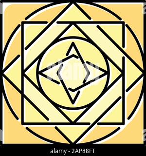 Symbol für verzierte quadratische Farben. Dekorative geometrische Figur. Kreise und quadratische Elemente. Dynamische abstrakte kubische Form. Komplexe isometrische Form. Einfacher Druck Stock Vektor