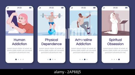Suchtypen Onboarding Mobile App Bildschirmvektorvorlage. Spirituelle, körperliche Besessenheit. Schritte auf der Website mit flachen Zeichen durchgehen. UX, UI, G. Stock Vektor
