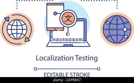 Symbol für das Konzept für Lokalisierungstests. Überprüfen der Thin Line Illustration für die Idee der Sprache. Software-Testprozess. Zeigt Probleme und Probleme an. Vektor-iso Stock Vektor