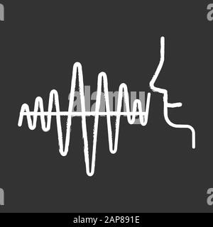 Kurvenreiche Kreidesymbole mit Schallwellen. Eine Idee für eine Sprachfrequenz von Standardanwendungen. Wellenamplitude der menschlichen Rede. Sound produzierende Schema. Sprachbefehl. Gespräch, Gespräch, Stock Vektor