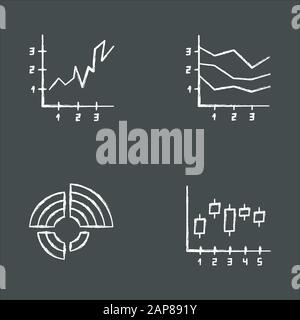Kreidesymbole für Diagramme und Diagramme festlegen. Radiales Diagramm mit steigenden Werten. Flächendiagramme mit Segmenten. Vertikales Streuhistogramm. Unternehmensforschung, Repo Stock Vektor