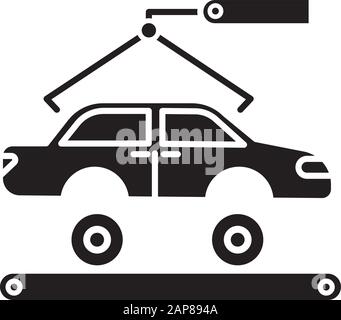 Symbol für Glyphe in der Automobilindustrie. Autoproduktion. Fahrzeugfabrik. Kfz-Reparatur, Reparatur. Automatische Einrichtung mit Kran und Förderband. Silhouette sy Stock Vektor