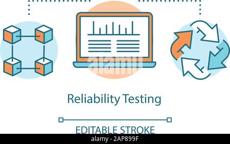 Symbol für das Konzept der Zuverlässigkeitsprüfung. Untersuchen Sie die Thin Line Illustration der Idee zur Computerleistung. Software-Testprozess. Zeigt Probleme und Probleme an. Stock Vektor