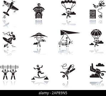 Air Extreme Sport Schlagschatten schwarze Glyphe Symbole gesetzt. Fallschirmspringen, Fallschirmspringen, Wingsuiting. Aktivitäten im Freien. Gleitschirmfliegen, Kunstflug und Bungeespringen Stock Vektor