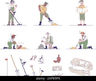 Archäologische Flachvektorillustrationen gesetzt. Historische Forschung. Archäologen bei der Arbeit, archäologische Geräte, Artefakte isolierte Cartoon-Charakter Stock Vektor