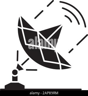 Symbol für die Glyphe der Telekommunikationsbranche. Globale Übertragung und Telekommunikation mit Satellit. Funksignal, Frequenzwellen. Silhouettensymbol. Neg Stock Vektor