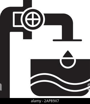 Symbol für Glyphe in der Wasserindustrie. Blaue klare Flüssigkeit im Behälter. Rohre und Ventile. Wassertechnik. Dienstleistungen für die Getränkeproduktion. Silhouettensymbol. Negat Stock Vektor