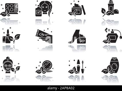 Organische Kosmetik Schlagschatten schwarze Glyphe Icons Set. Lippenstift. Mascara. Creme, Lotion. Parfüm. Umweltfreundliche Hautpflegeprodukte. Make-up-Artikel. Visage Schönheitshilfe Stock Vektor