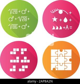 Puzzles und Rätsel flaches Design lange Schatten Glyphe Icons Set. Rebus. Blockpuzzle, Kachelabgleich. Stichsäge. Logikspiele. Mentale Bewegung. Herausforderung. Brai Stock Vektor