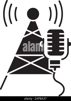 Symbol für die Übertragung von Branchentyphe. Telekommunikation und Netzwerk. Soundwellensignal. Telecom Tower und Mikrofon. Streaming-Geräte. Silhouetten-Symb Stock Vektor