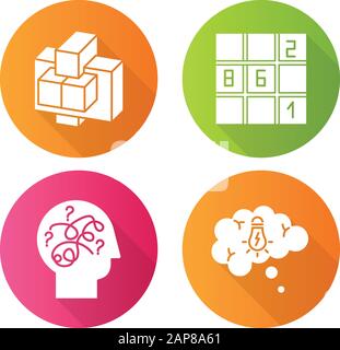 Puzzles und Rätsel flaches Design lange Schatten Glyphe Icons Set. Sudoku. Verwirrte Meinung. Problemlösungsprozess. Gedankenblase. Mechanisches Puzzle. Logik g Stock Vektor