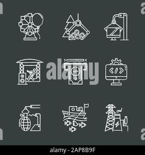 Kreidesymbole für Industrietypen festgelegt. Unterhaltung, Holz, Computer, Musik, Finanzdienstleistungen, Software, Waffen, Angeln, Energiesektor. Geschäftsfelder. Stock Vektor