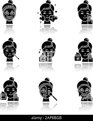Hautpflegeverfahren setzen schwarze Glyph-Symbole in den Schatten. Punktuelle Behandlung von Akne und Schwarzköpfen. Sonnenschutz wird angewendet. Mosturizing Face Cleanser. Thermisch Stock Vektor