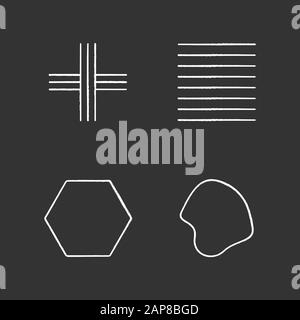 Geometrische Figuren Kreidesymbole gesetzt. Gekreuzte Streifen. Schwarze Tintenstriche. Parallele Linien. Flaches, massives Sechskant. Gefüllte abstrakte Form. Isometrische Form Stock Vektor