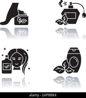 Organische Kosmetik Schlagschatten schwarze Glyphe Icons Set. Fußcreme, Lotion. Parfüm, Duft. Duschgel, Körperwäsche. Natürliche Hautpflegeartikel. ECO Bodyca Stock Vektor