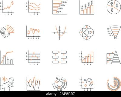 Lineare Symbole für Diagramm und Diagramm festgelegt. Rundes Diagramm. Histogramm. Flächendiagramm. Pareto-Kurve. Temperaturkarte. Polaruhr. Kontursymbole mit dünnen Linien. Isolieren Stock Vektor