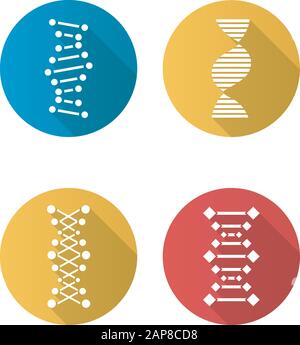 DNA-Kettenflaches Design mit langen Schatten-Glyphe - Symbole gesetzt. Desoxyribonukleinsäure, Nukleinsäure-Helix. Spiralstrang. Chromosom. Molekularbiologie. Genetisches Code Stock Vektor
