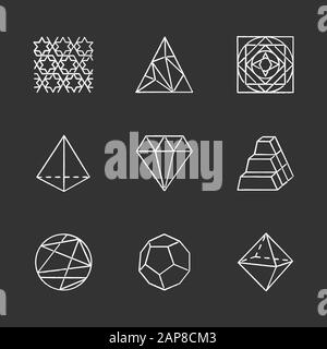 Geometrische Figuren Kreidesymbole gesetzt. Abstrakte Formen. Isometrische Formen. Geometrische Verzierung. Polygonales Dreieck. Doppelpyramide. Zierplatz. Gefüttert Stock Vektor