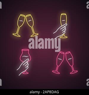 Set mit Neonlichtsymbolen für den Weinservice. Eine klickende Gläser Champagner. Hände, die Alkoholgetränke halten. Feier, Party. Hochzeit. Degustation. Prost. Toas Stock Vektor
