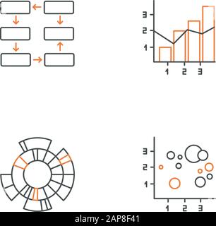 Lineare Symbole für Diagramm und Diagramm festgelegt. Datenverbindung. Gemischtes Diagramm. Radiales Diagramm für Sonneneinbruch. Streustrahlendiagramm. Kontursymbole mit dünnen Linien. Isolierte vec Stock Vektor