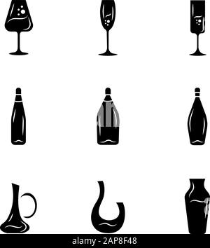 Glaswaren für Weingut, Glyphe, Icons. Verschiedene Arten von Wein. Dekanter, Flaschen, Gläser. Aperitifgetränke, Cocktails, Alkoholgetränke. Silhouetten-Symb Stock Vektor