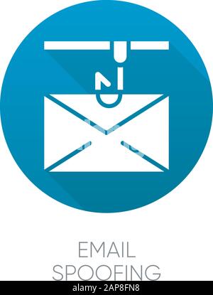 E-Mail-Spoofing mit blauem, flachem Design und langem Schatten-Glyph-Symbol. Unrechtmäßige Geschäfte. Falscher Absender. Spamming. E-Mail-Phishing. Cyberkriminalität: Blaues, flaches Design lang Stock Vektor