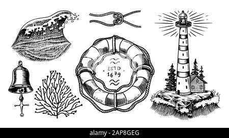 Nautisches Abenteuer. Leuchtturm, Meeresozeanwellen, Leuchtfeuer und Rettungsschwimmer. Handgezeichnete eingravierte alte Skizze in Monochrom-Optik. Stock Vektor