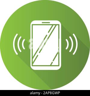 Grün klingelndes Smartphone flaches Design langer Schatten Glyph-Symbol. Idee zur mobilen Sprachsteuerung. Befehl "Ton". Laute Lautstärke, Audiofrequenz. Telefonanruf, Vibration Stock Vektor