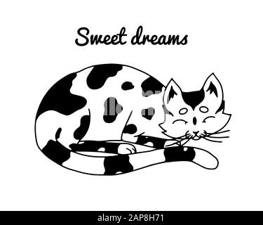 Schlafende Katze. Süße Träume. Schönes Haustier. Handgezeichnete, gravierte Skizze für Logo, Etikett oder Banner oder T-Shirt. Vektorgrafiken im Outline-Vintage Stock Vektor